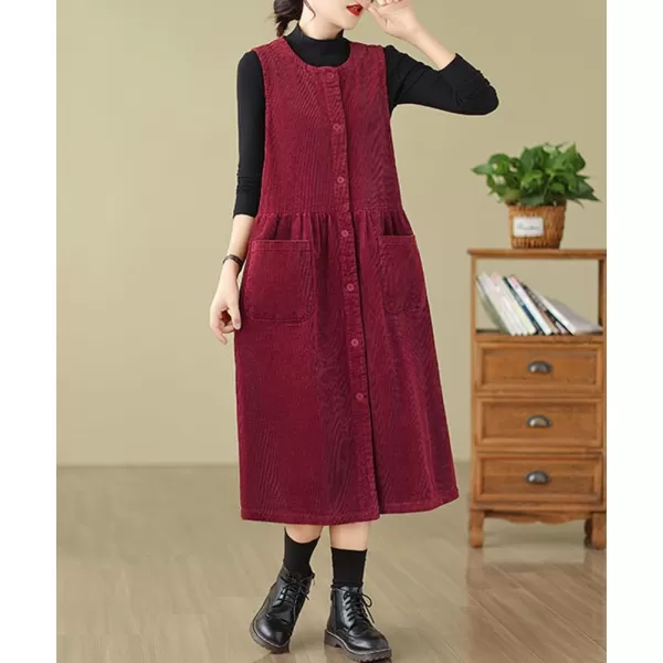 chouyatou Womens Corduroy Button Down Babydoll Tank Dress Crewneck Over Knee Long Overall Dress with PocketsRed