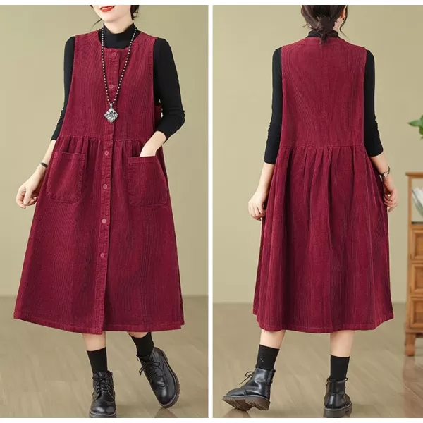 chouyatou Womens Corduroy Button Down Babydoll Tank Dress Crewneck Over Knee Long Overall Dress with PocketsRed