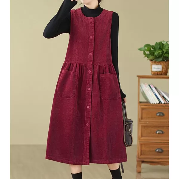 chouyatou Womens Corduroy Button Down Babydoll Tank Dress Crewneck Over Knee Long Overall Dress with PocketsRed
