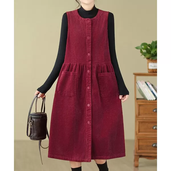 chouyatou Womens Corduroy Button Down Babydoll Tank Dress Crewneck Over Knee Long Overall Dress with PocketsRed