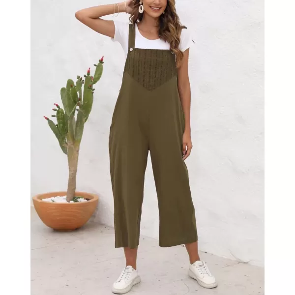 chouyatou Womens Cotton Linen Bib Overalls Front Eyelet Loose Fit Wide Leg Jumpsuit Pants with PocketsArmy Green
