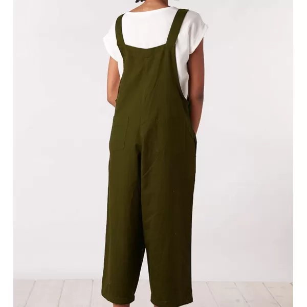 chouyatou Womens Cotton Linen Bib Overalls Front Eyelet Loose Fit Wide Leg Jumpsuit Pants with PocketsArmy Green