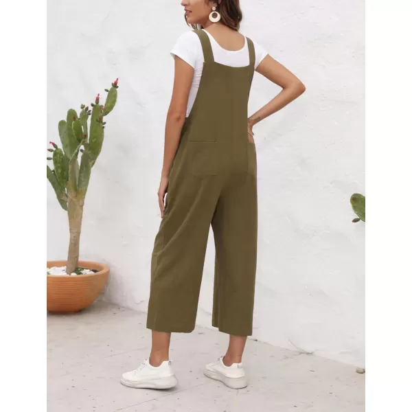 chouyatou Womens Cotton Linen Bib Overalls Front Eyelet Loose Fit Wide Leg Jumpsuit Pants with PocketsArmy Green