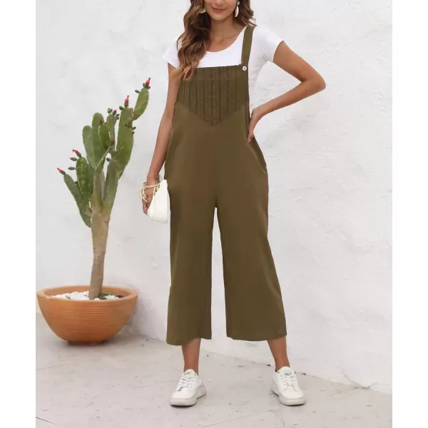 chouyatou Womens Cotton Linen Bib Overalls Front Eyelet Loose Fit Wide Leg Jumpsuit Pants with PocketsArmy Green