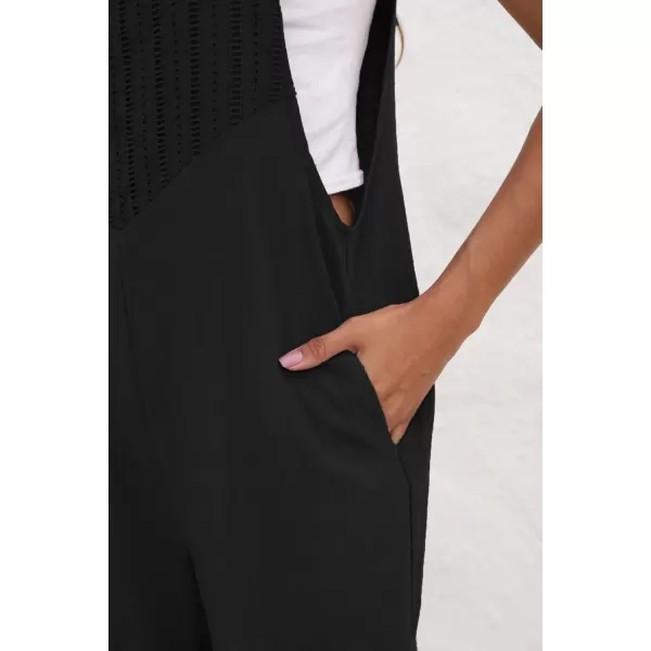chouyatou Womens Cotton Linen Bib Overalls Front Eyelet Loose Fit Wide Leg Jumpsuit Pants with PocketsBlack