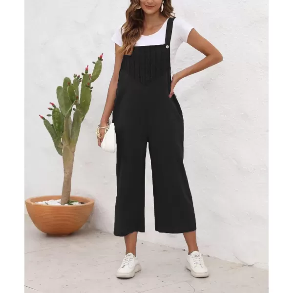 chouyatou Womens Cotton Linen Bib Overalls Front Eyelet Loose Fit Wide Leg Jumpsuit Pants with PocketsBlack