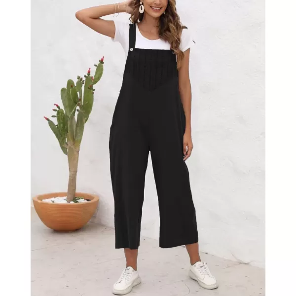 chouyatou Womens Cotton Linen Bib Overalls Front Eyelet Loose Fit Wide Leg Jumpsuit Pants with PocketsBlack