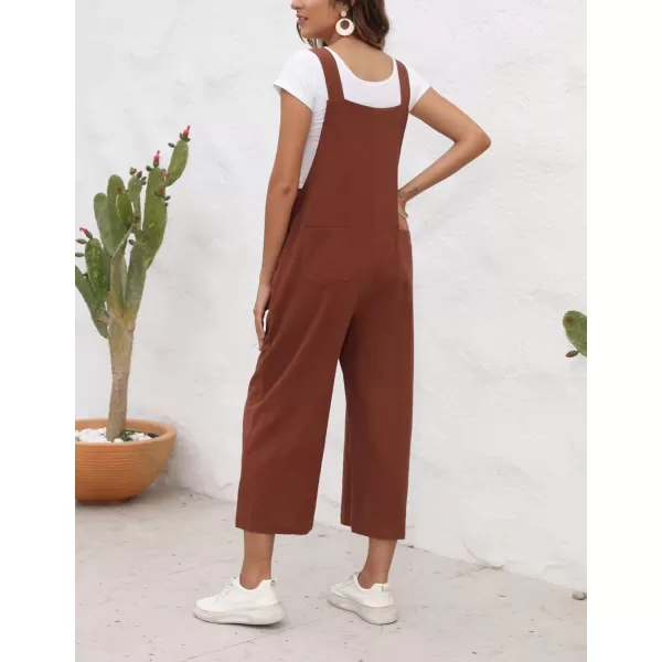 chouyatou Womens Cotton Linen Bib Overalls Front Eyelet Loose Fit Wide Leg Jumpsuit Pants with PocketsCoffee Brown