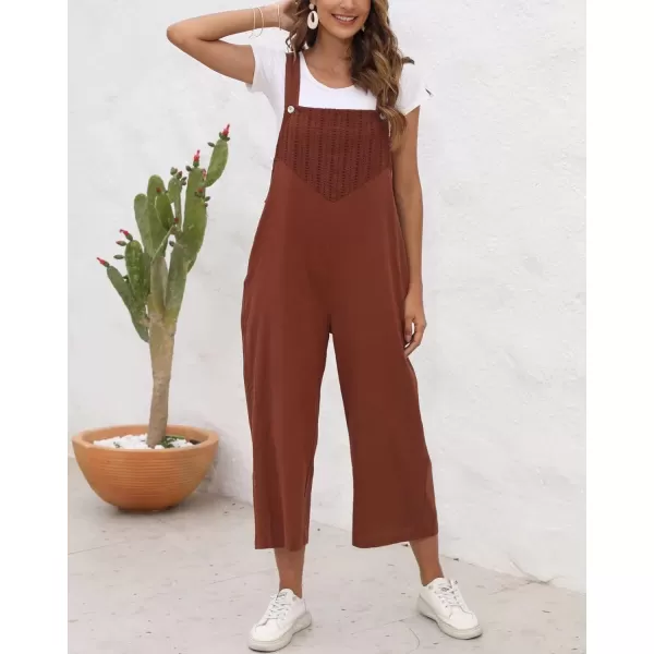 chouyatou Womens Cotton Linen Bib Overalls Front Eyelet Loose Fit Wide Leg Jumpsuit Pants with PocketsCoffee Brown