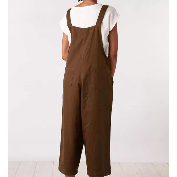 chouyatou Womens Cotton Linen Bib Overalls Front Eyelet Loose Fit Wide Leg Jumpsuit Pants with PocketsCoffee Brown