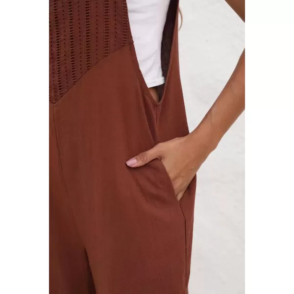 chouyatou Womens Cotton Linen Bib Overalls Front Eyelet Loose Fit Wide Leg Jumpsuit Pants with PocketsCoffee Brown