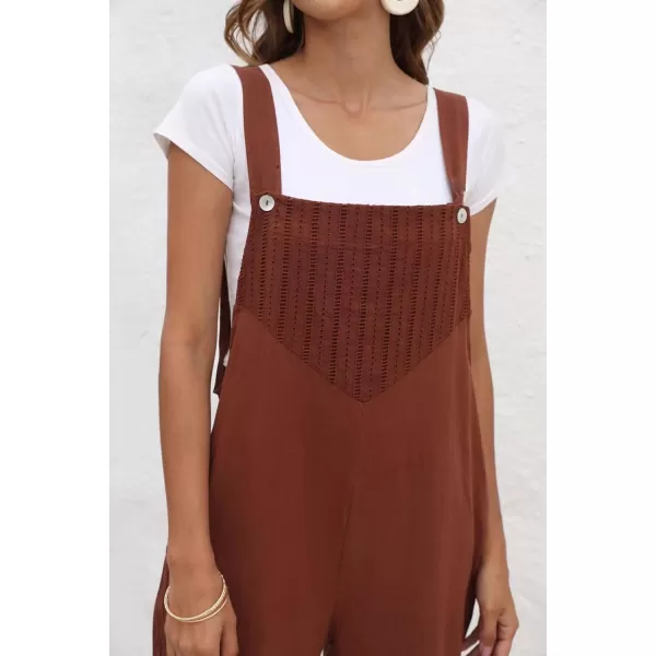 chouyatou Womens Cotton Linen Bib Overalls Front Eyelet Loose Fit Wide Leg Jumpsuit Pants with PocketsCoffee Brown