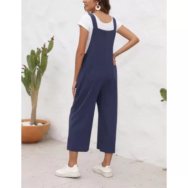 chouyatou Womens Cotton Linen Bib Overalls Front Eyelet Loose Fit Wide Leg Jumpsuit Pants with PocketsNavy Blue