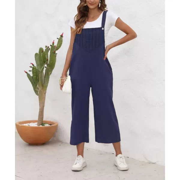 chouyatou Womens Cotton Linen Bib Overalls Front Eyelet Loose Fit Wide Leg Jumpsuit Pants with PocketsNavy Blue