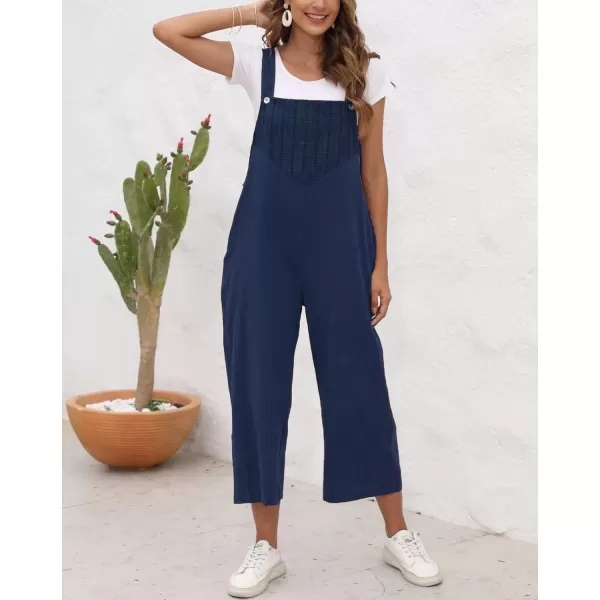 chouyatou Womens Cotton Linen Bib Overalls Front Eyelet Loose Fit Wide Leg Jumpsuit Pants with PocketsNavy Blue