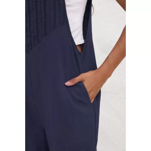 chouyatou Womens Cotton Linen Bib Overalls Front Eyelet Loose Fit Wide Leg Jumpsuit Pants with PocketsNavy Blue