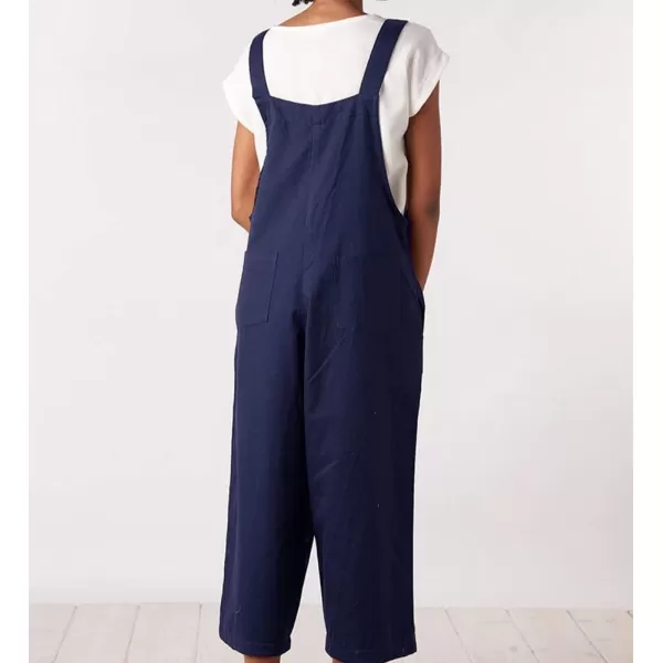chouyatou Womens Cotton Linen Bib Overalls Front Eyelet Loose Fit Wide Leg Jumpsuit Pants with PocketsNavy Blue