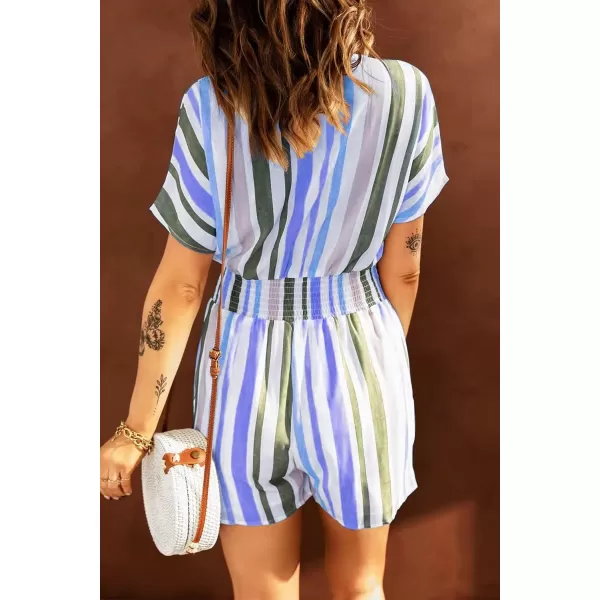 chouyatou Womens Cute Rainbow Striped Smocked Waist Button Jumpsuit Romper ShortsBlue
