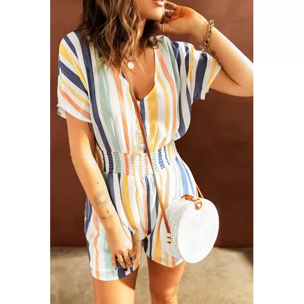 chouyatou Womens Cute Rainbow Striped Smocked Waist Button Jumpsuit Romper ShortsYellow