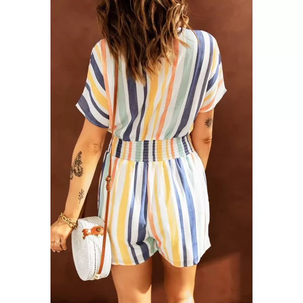 chouyatou Womens Cute Rainbow Striped Smocked Waist Button Jumpsuit Romper ShortsYellow