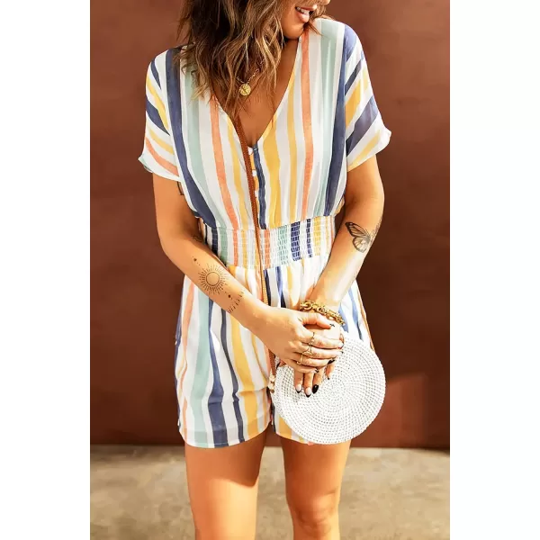 chouyatou Womens Cute Rainbow Striped Smocked Waist Button Jumpsuit Romper ShortsYellow
