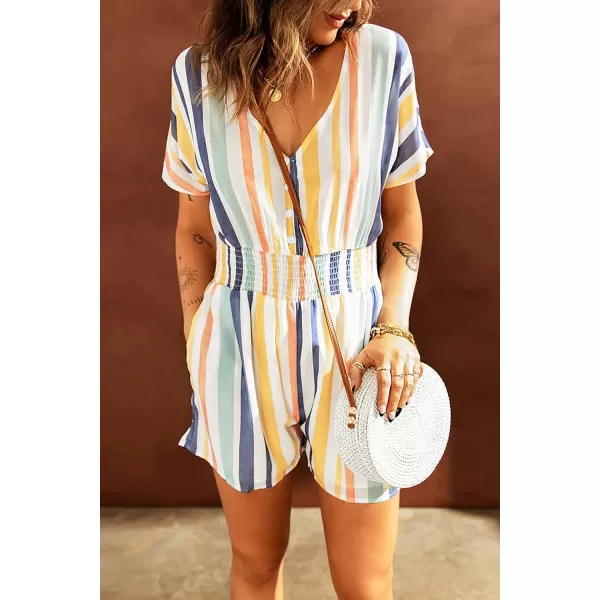 chouyatou Womens Cute Rainbow Striped Smocked Waist Button Jumpsuit Romper ShortsYellow