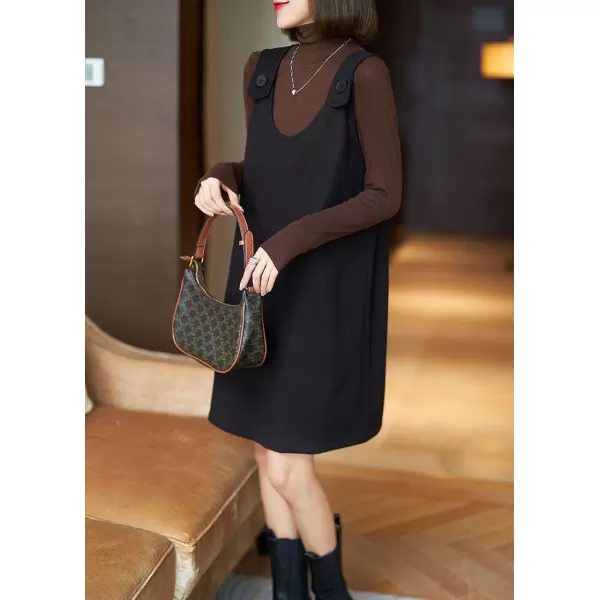 chouyatou Womens Cute Wool Blend Tunic Tank Dress Casual Suspender Strap Wool Jumper Overall Short DressBlack
