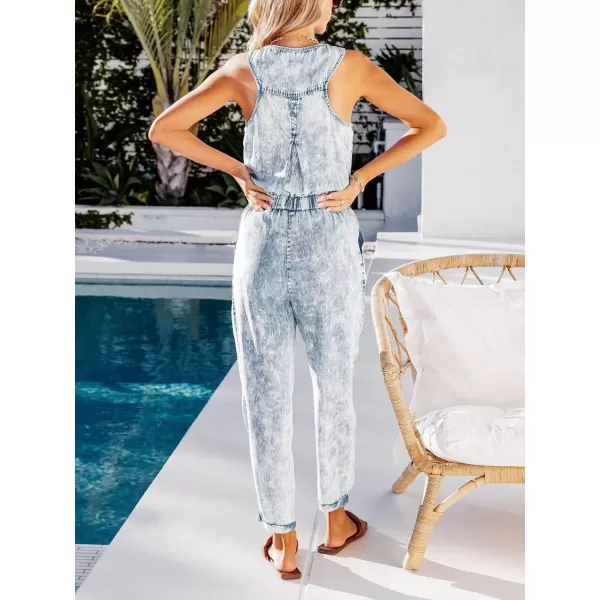 chouyatou Womens Denim Scoop Neck Sleeveless Drawstring Waist Jumpsuits Overall RompersAcidwash Blue