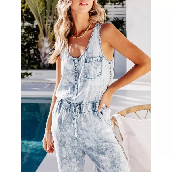 chouyatou Womens Denim Scoop Neck Sleeveless Drawstring Waist Jumpsuits Overall RompersAcidwash Blue