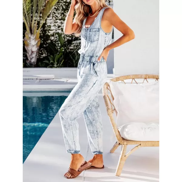 chouyatou Womens Denim Scoop Neck Sleeveless Drawstring Waist Jumpsuits Overall RompersAcidwash Blue