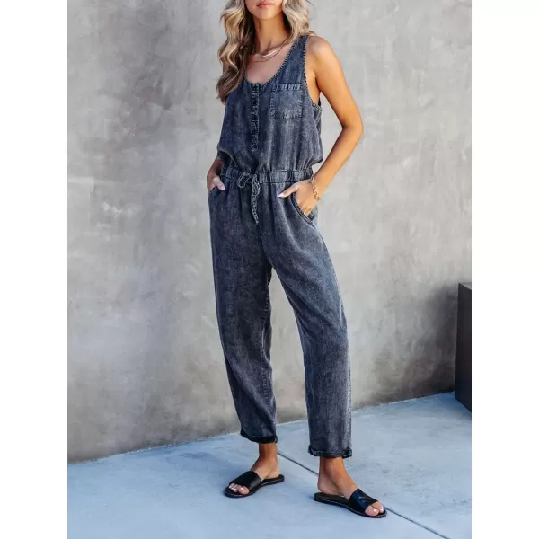 chouyatou Womens Denim Scoop Neck Sleeveless Drawstring Waist Jumpsuits Overall RompersCharcoal