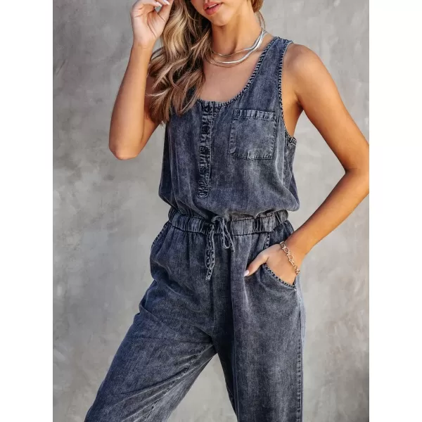 chouyatou Womens Denim Scoop Neck Sleeveless Drawstring Waist Jumpsuits Overall RompersCharcoal