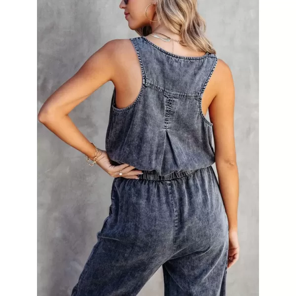 chouyatou Womens Denim Scoop Neck Sleeveless Drawstring Waist Jumpsuits Overall RompersCharcoal