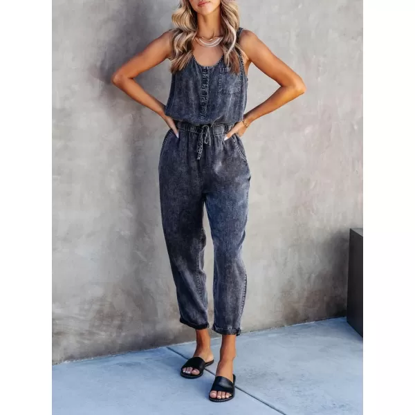 chouyatou Womens Denim Scoop Neck Sleeveless Drawstring Waist Jumpsuits Overall RompersCharcoal