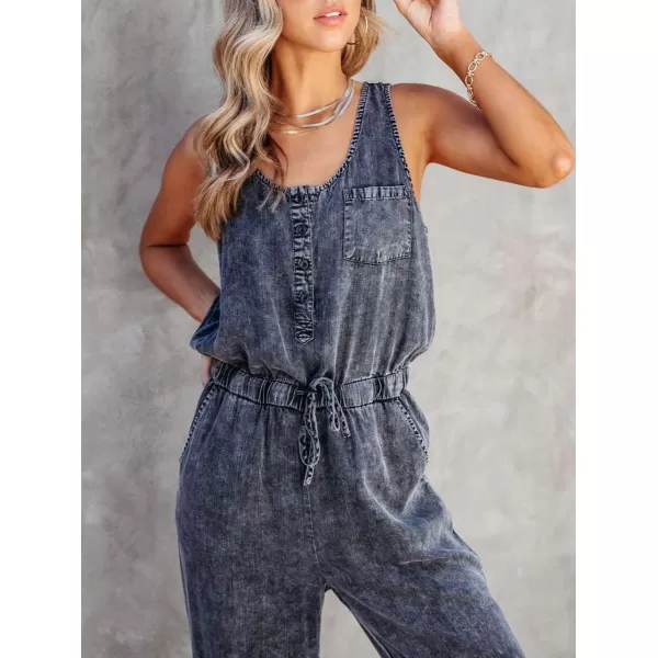 chouyatou Womens Denim Scoop Neck Sleeveless Drawstring Waist Jumpsuits Overall RompersCharcoal