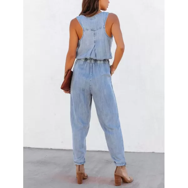 chouyatou Womens Denim Scoop Neck Sleeveless Drawstring Waist Jumpsuits Overall RompersLight Blue