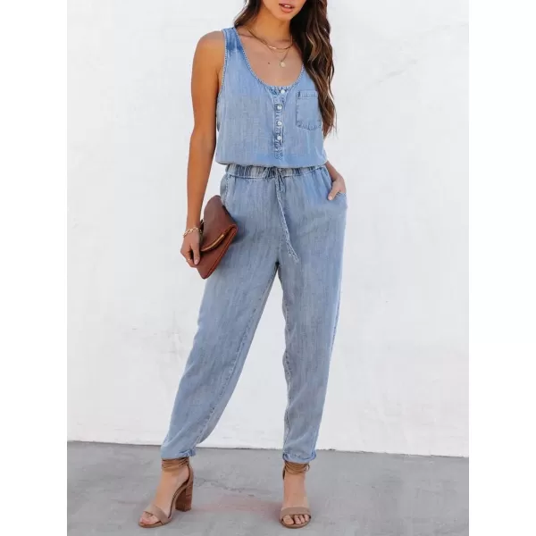 chouyatou Womens Denim Scoop Neck Sleeveless Drawstring Waist Jumpsuits Overall RompersLight Blue