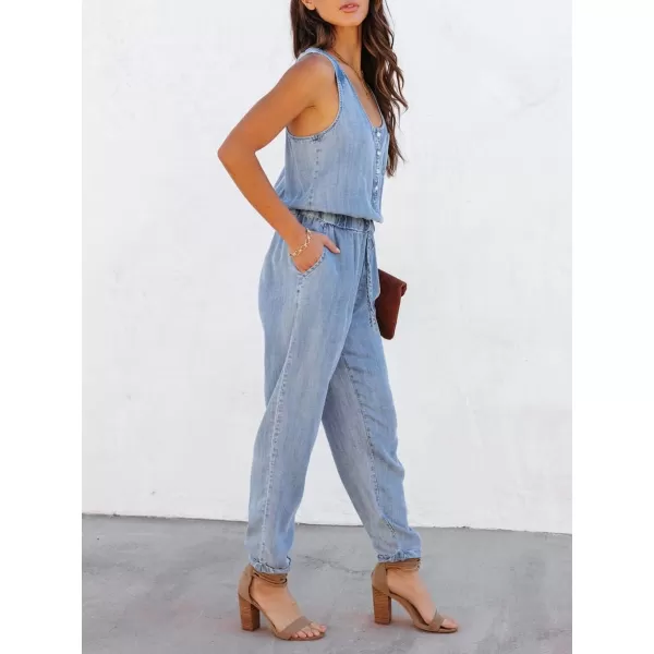 chouyatou Womens Denim Scoop Neck Sleeveless Drawstring Waist Jumpsuits Overall RompersLight Blue