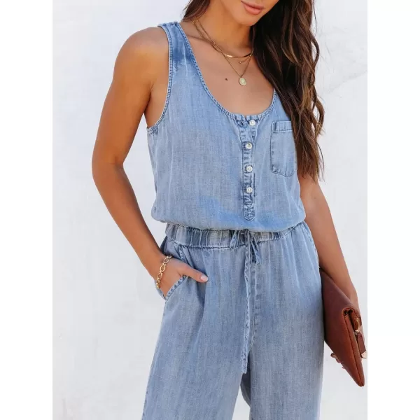 chouyatou Womens Denim Scoop Neck Sleeveless Drawstring Waist Jumpsuits Overall RompersLight Blue