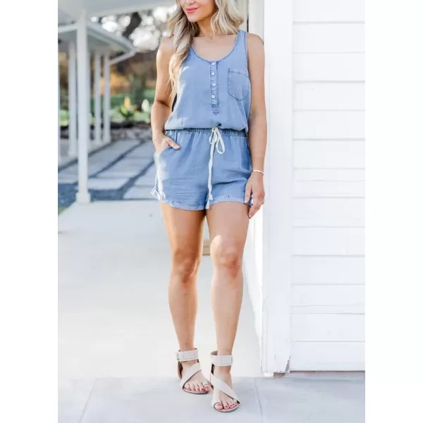 chouyatou Womens Denim Sleeveless Drawstring Shorts Romper Button Down Scoop Neck Overall JumpsuitsBlue