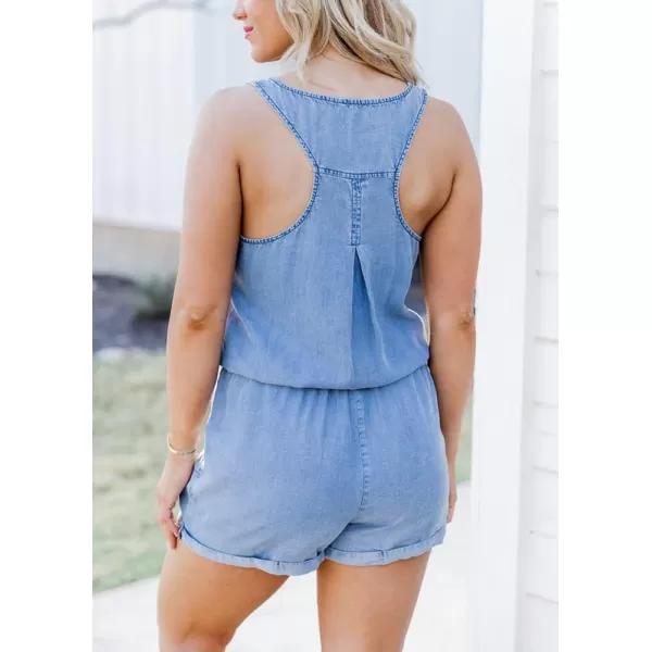 chouyatou Womens Denim Sleeveless Drawstring Shorts Romper Button Down Scoop Neck Overall JumpsuitsBlue