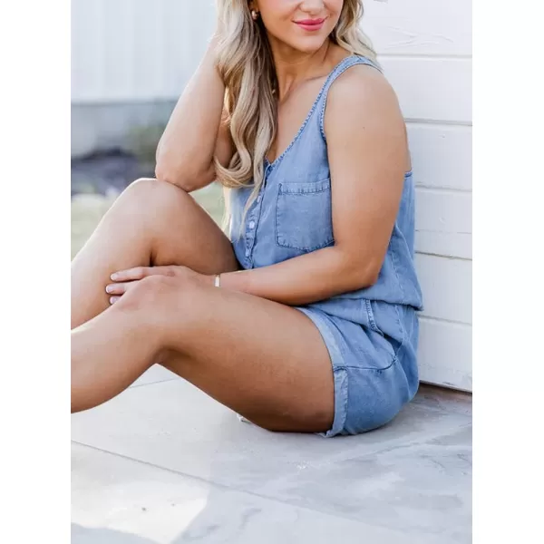 chouyatou Womens Denim Sleeveless Drawstring Shorts Romper Button Down Scoop Neck Overall JumpsuitsBlue