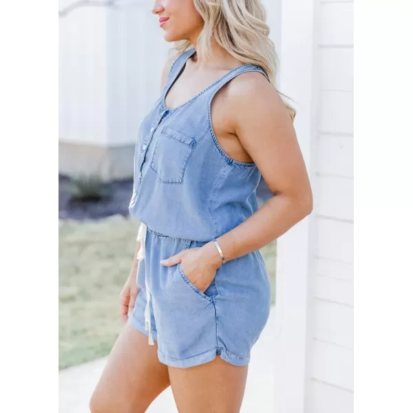 chouyatou Womens Denim Sleeveless Drawstring Shorts Romper Button Down Scoop Neck Overall JumpsuitsBlue