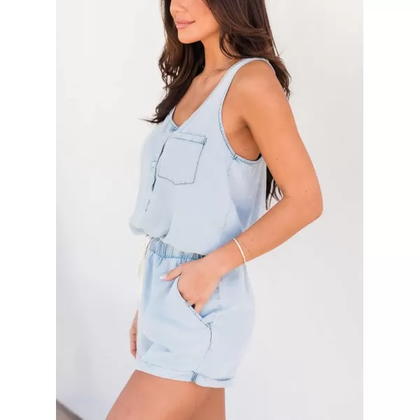 chouyatou Womens Denim Sleeveless Drawstring Shorts Romper Button Down Scoop Neck Overall JumpsuitsLight Blue