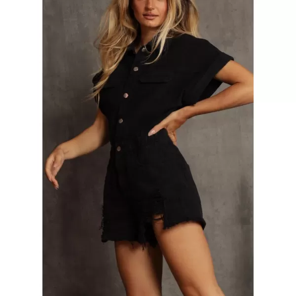 chouyatou Womens Distressed Elastic Waist Denim Jumpsuits Frayed Hem Button Up Jean Utility Romper ShortsBlack