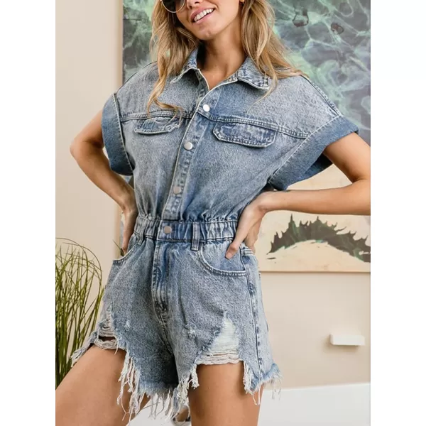 chouyatou Womens Distressed Elastic Waist Denim Jumpsuits Frayed Hem Button Up Jean Utility Romper ShortsLight Blue