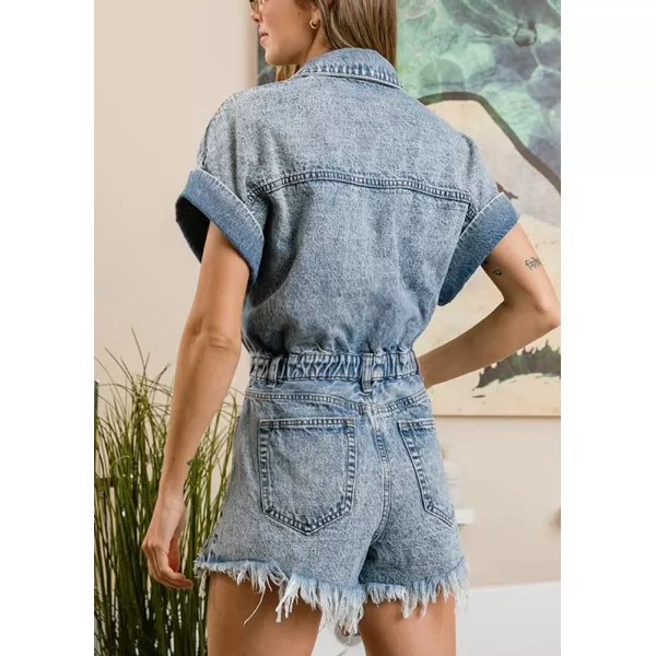 chouyatou Womens Distressed Elastic Waist Denim Jumpsuits Frayed Hem Button Up Jean Utility Romper ShortsLight Blue