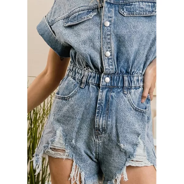 chouyatou Womens Distressed Elastic Waist Denim Jumpsuits Frayed Hem Button Up Jean Utility Romper ShortsLight Blue