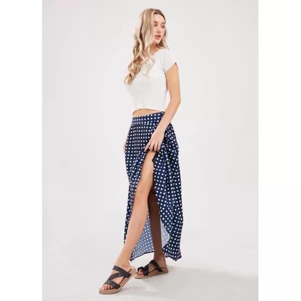 chouyatou Womens Elegant High Waisted Polka Dot A Line Pleated Swing Bohemian Maxi SkirtNavy Blue