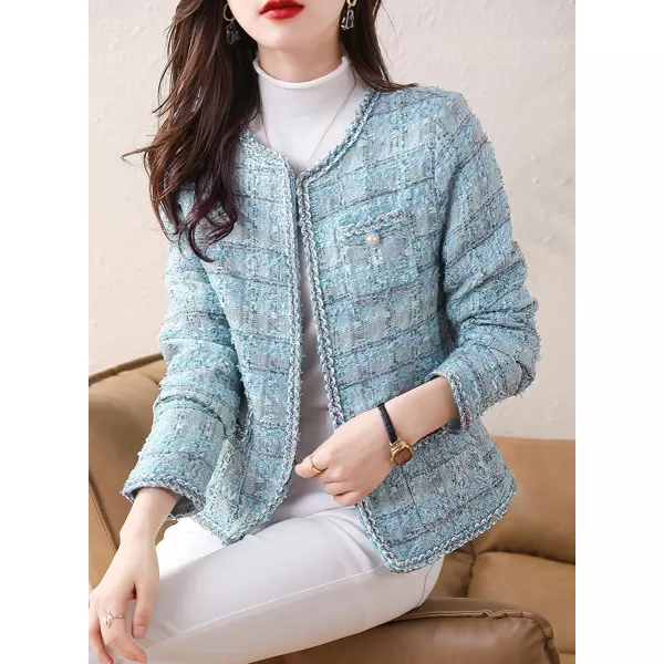 chouyatou Womens Elegant Open Front Tweed Jacket Slim Collarless Bussiness Casual Blazer JacketBlue